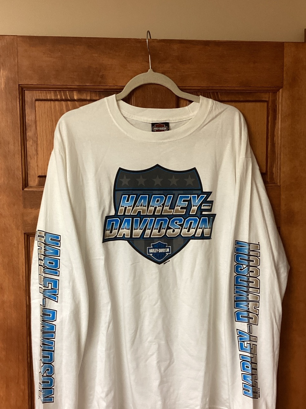 Harley-Davidson White Long-Sleeve Shield Logo Tee with Blue Accents
